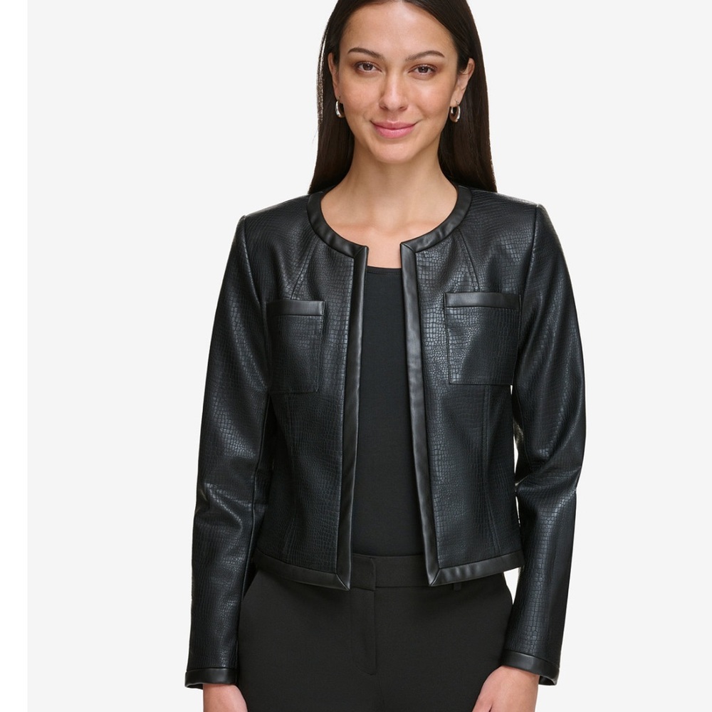 DKNY Women's Collarless Faux Leather Open-Front Jacket